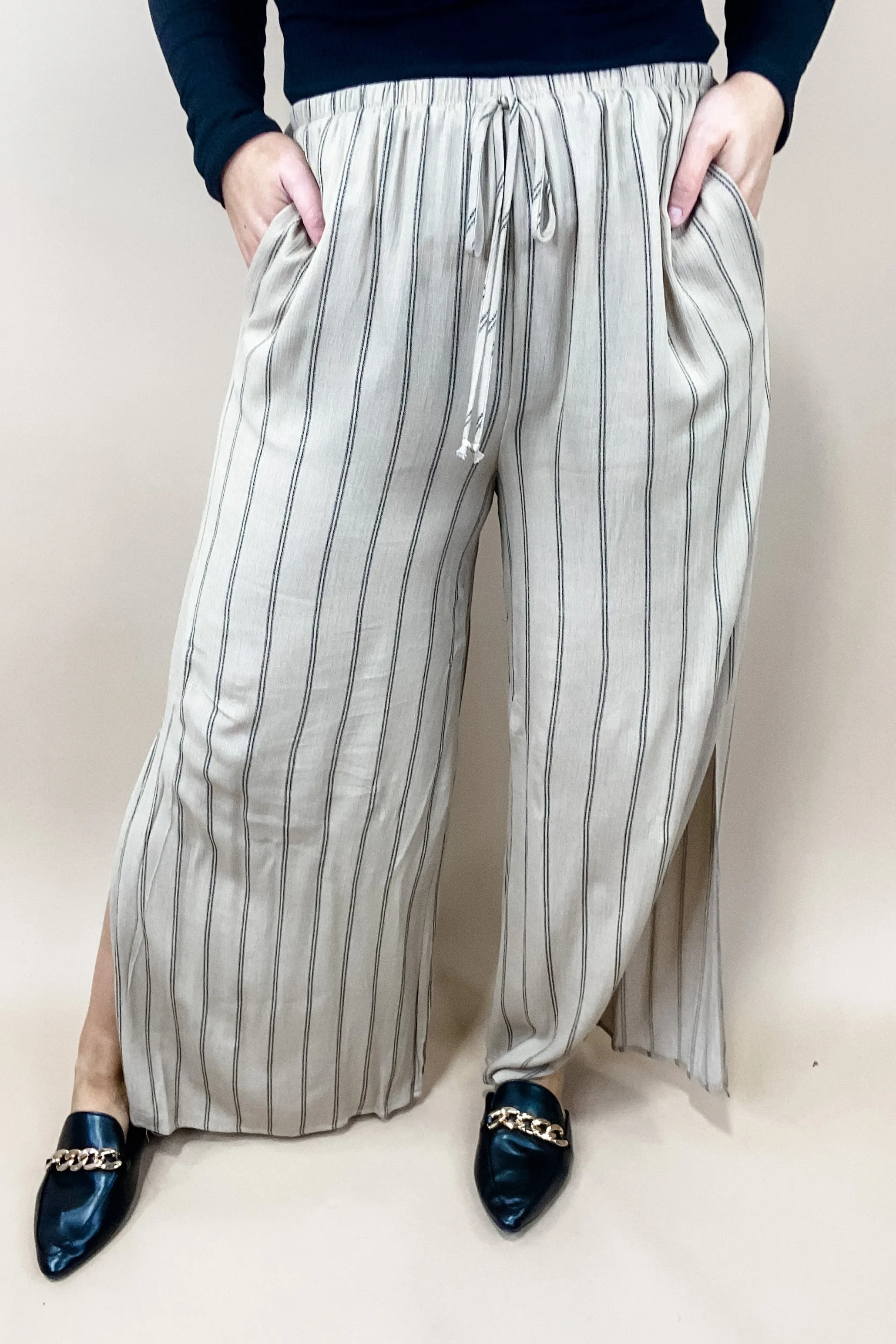 Take It All In- Khaki Striped Wide Leg Pants w/ Side Slits