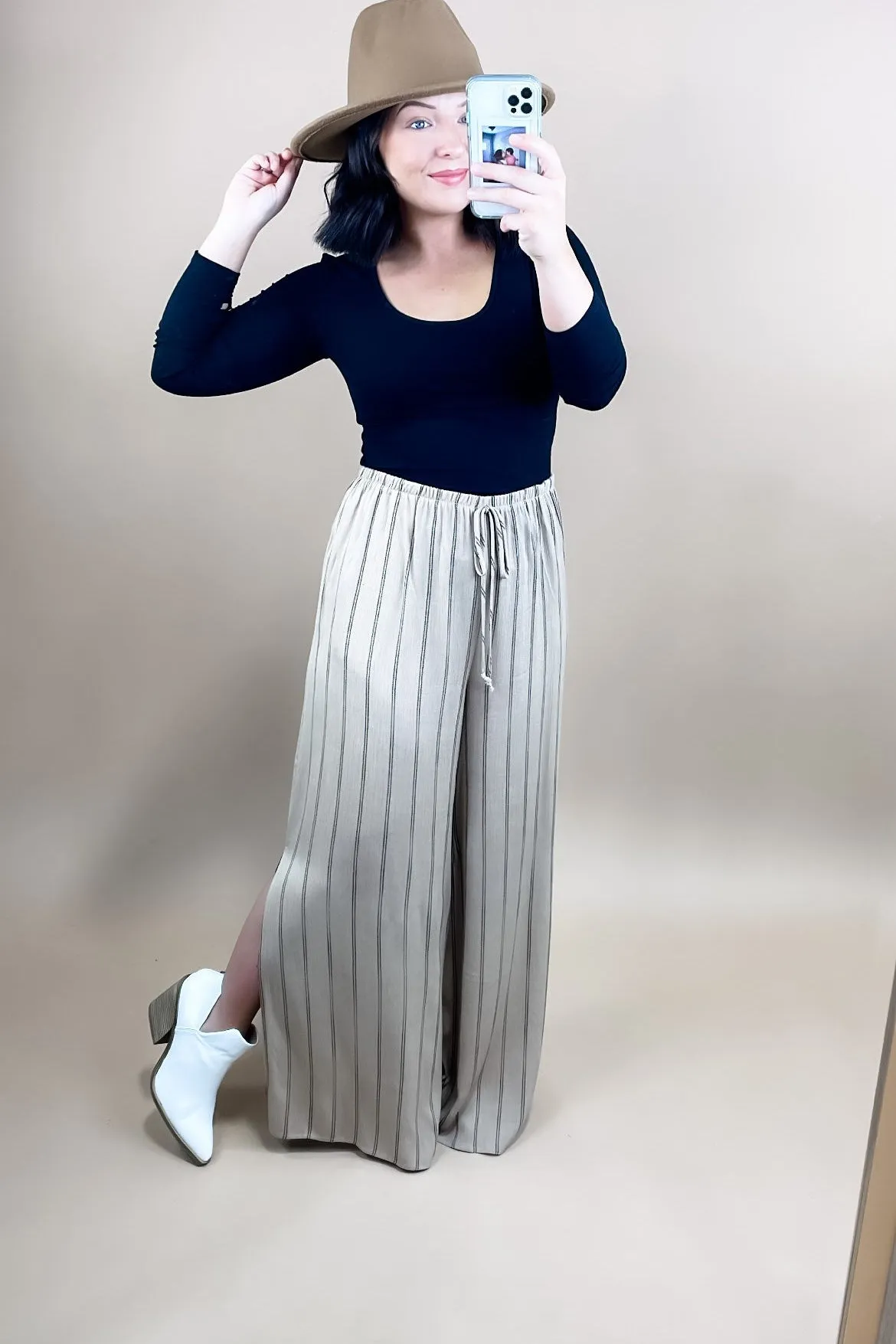 Take It All In- Khaki Striped Wide Leg Pants w/ Side Slits