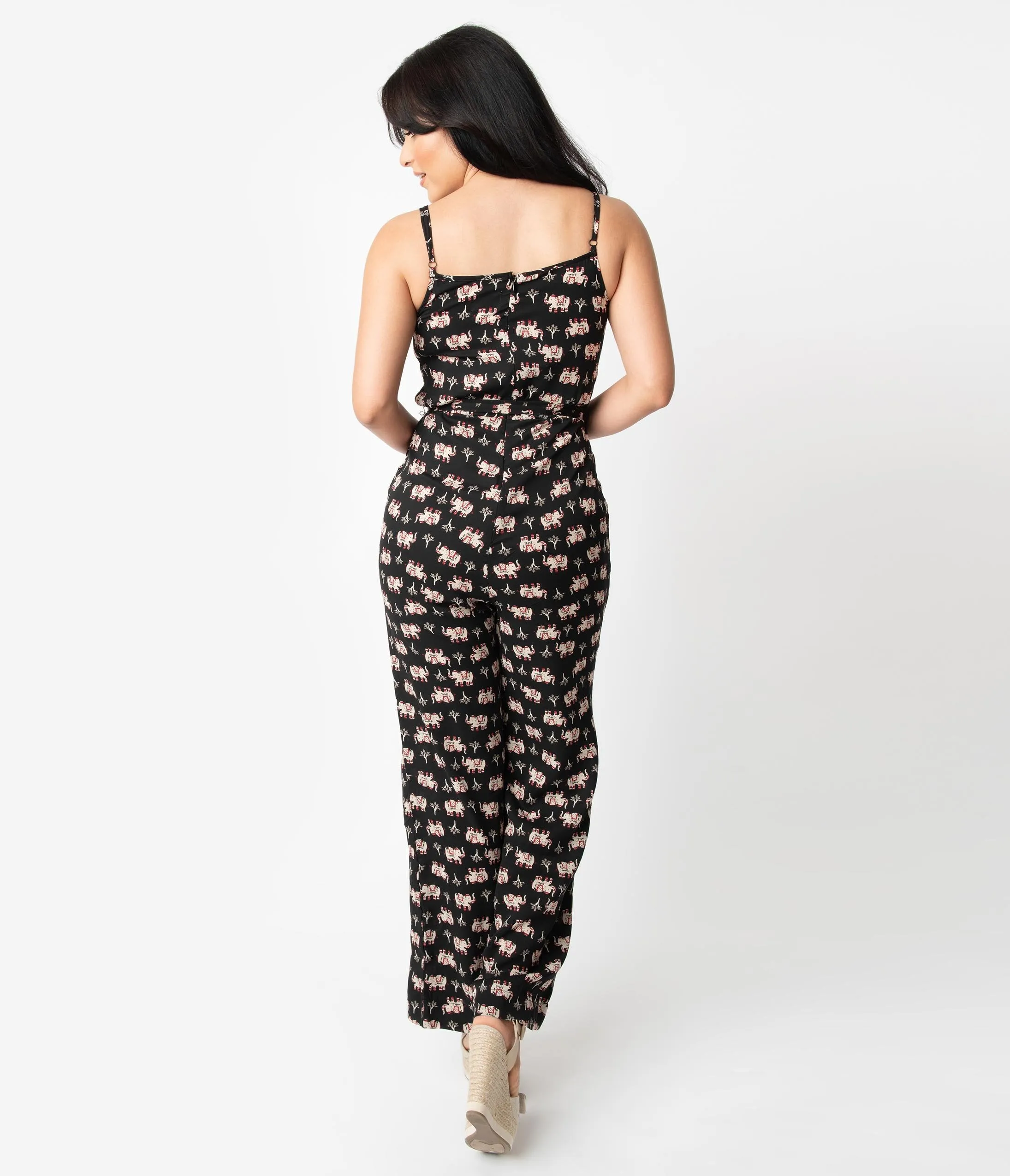 Unique Vintage Black Elephant Print Crepe Raleigh Jumpsuit