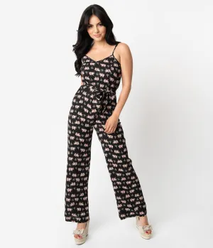 Unique Vintage Black Elephant Print Crepe Raleigh Jumpsuit