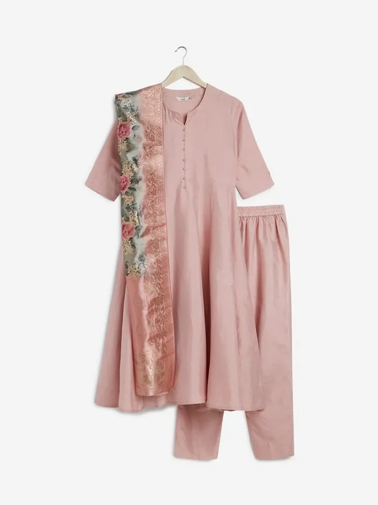 Vark Pink Fit-And-Flare Kurta, Pants And Dupatta