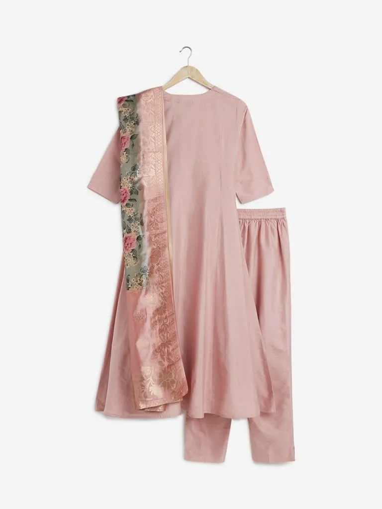 Vark Pink Fit-And-Flare Kurta, Pants And Dupatta