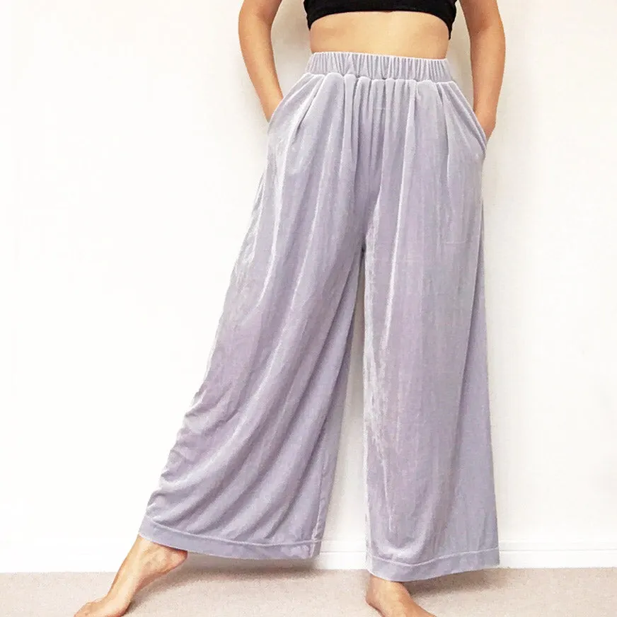 VELVET WIDE LEG GREY TROUSERS