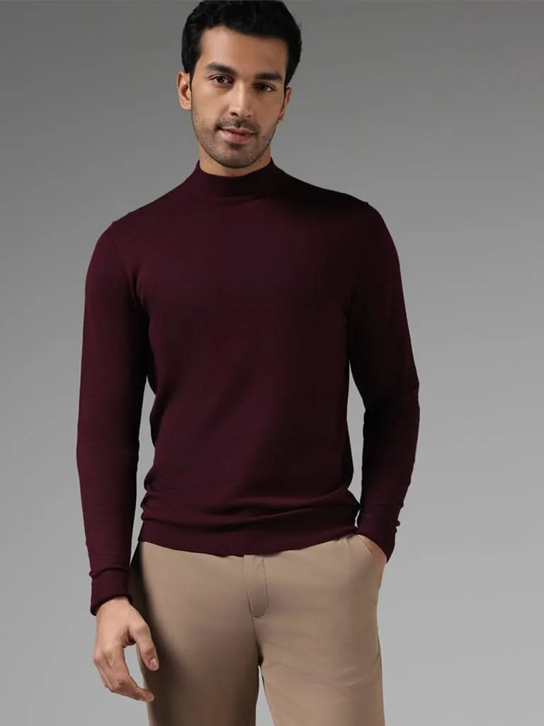 WES Formals Solid Dark Wine Slim-Fit High Neck Sweater