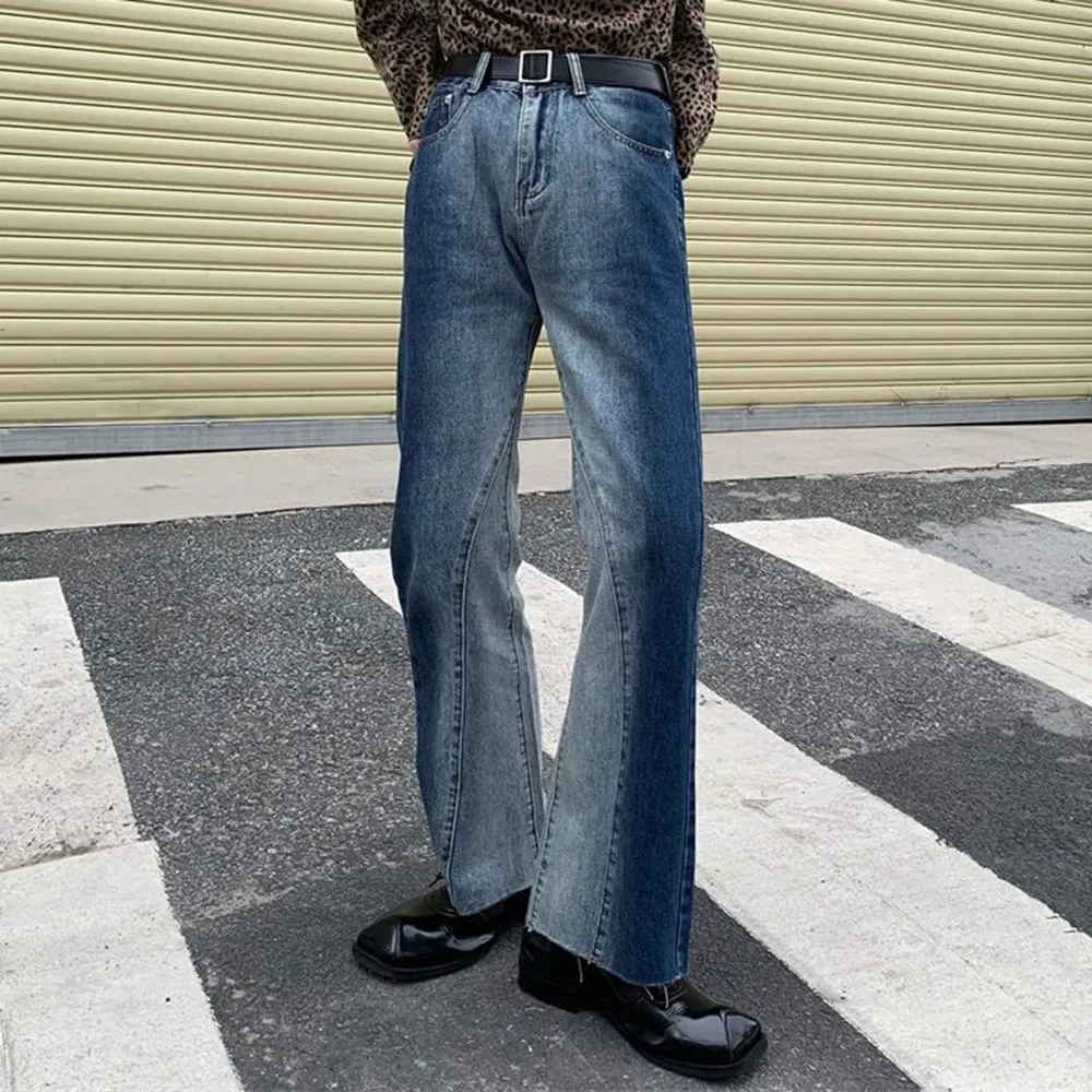 Wiaofellas High Street Contrasting Color Gradient Jeans Trendy Men Versatile Straight Leg Wide Leg Pants Retro Design Micro Flared Trousers