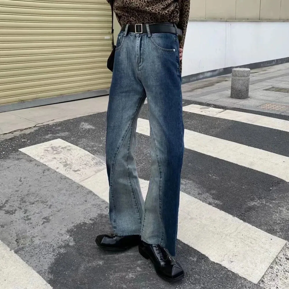 Wiaofellas High Street Contrasting Color Gradient Jeans Trendy Men Versatile Straight Leg Wide Leg Pants Retro Design Micro Flared Trousers