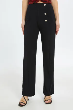 Women Black High Waist Straight Fit Trouser