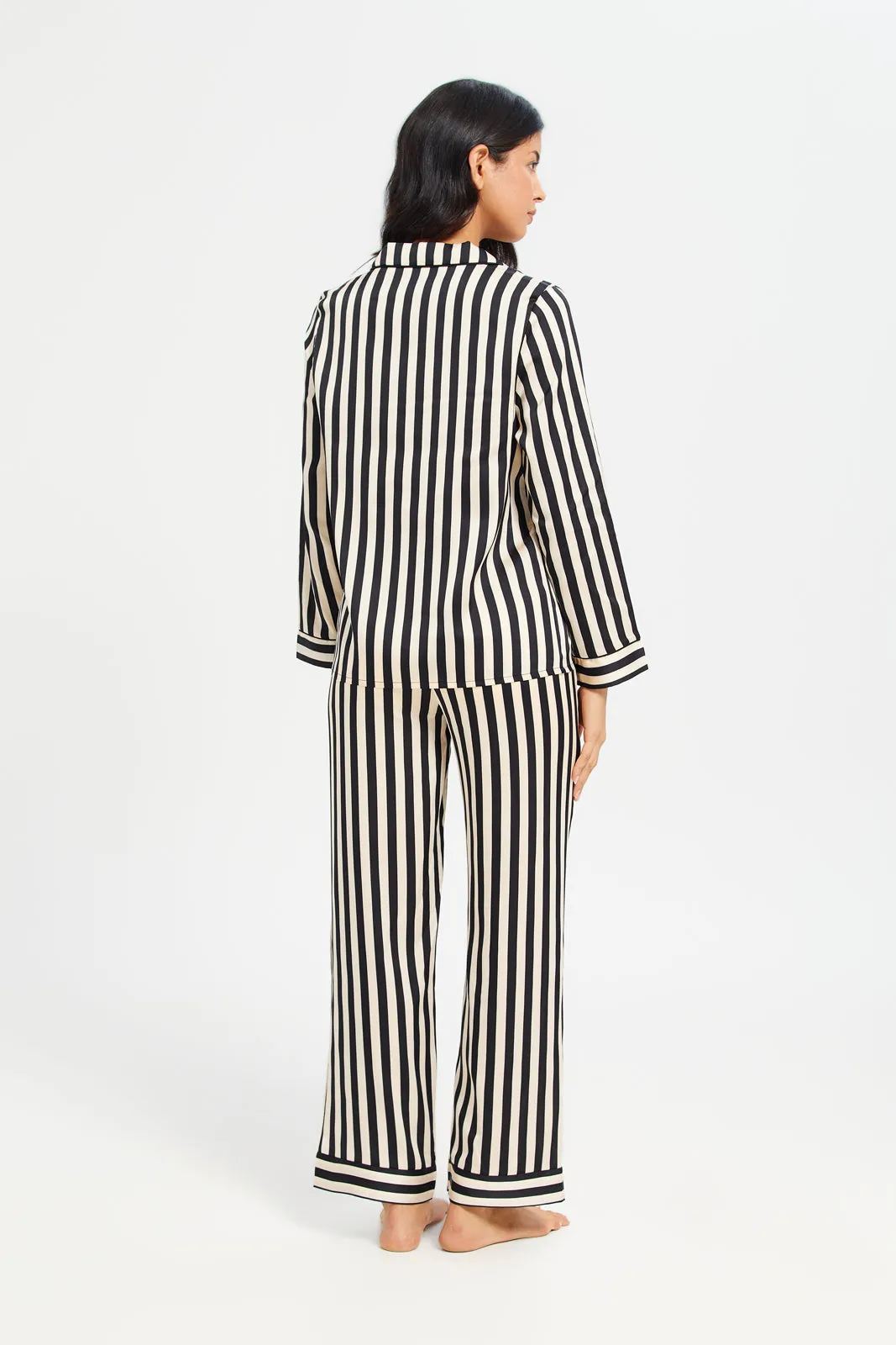 Women Black Long Sleeve Stripe Satin Pyjama Set (2 Piece)