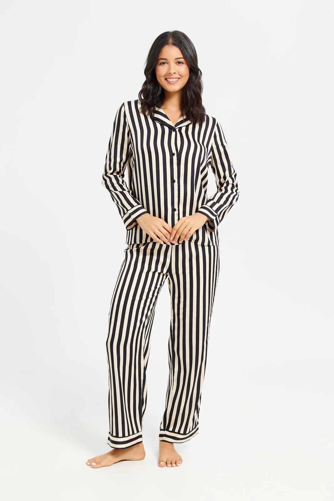 Women Black Long Sleeve Stripe Satin Pyjama Set (2 Piece)