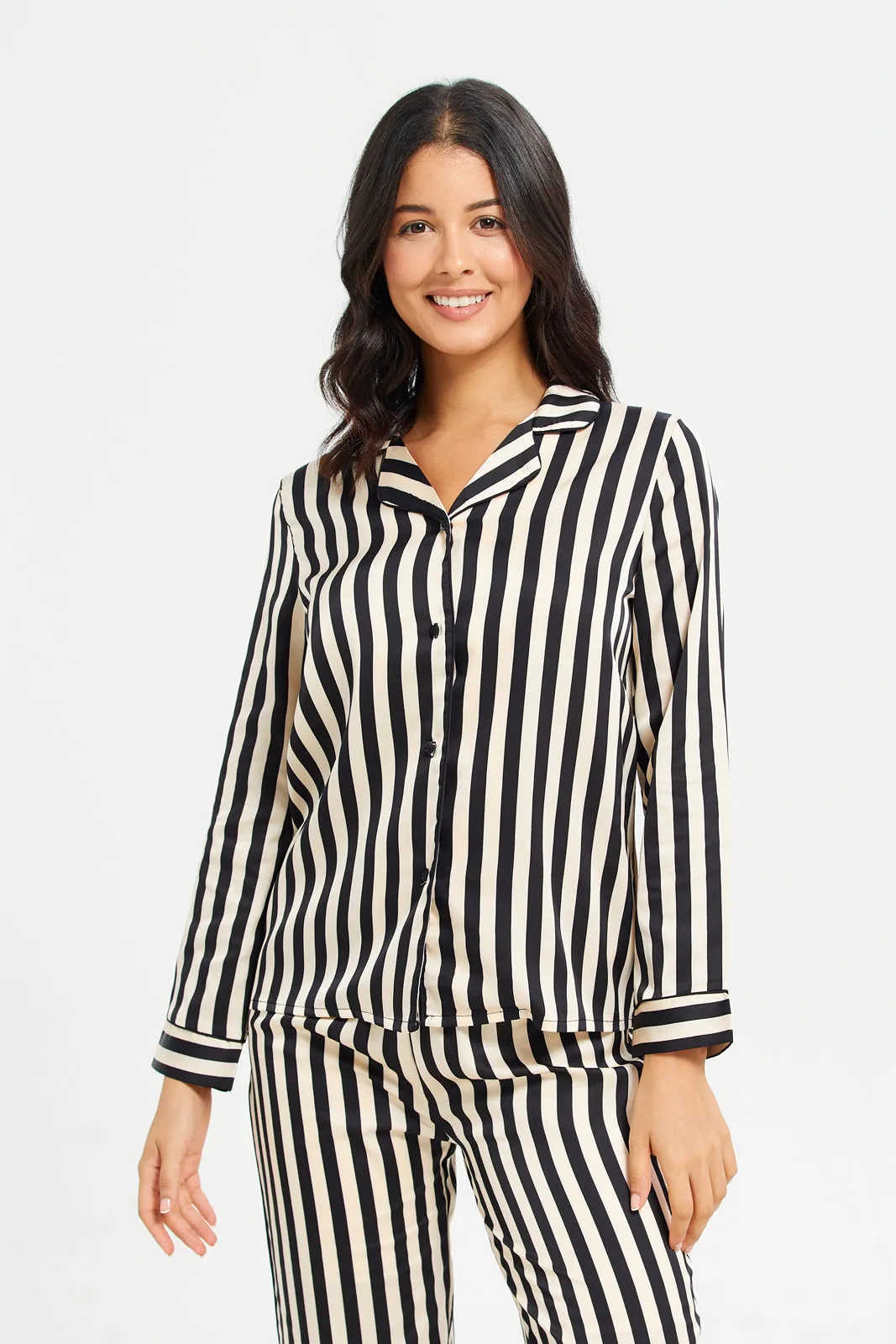 Women Black Long Sleeve Stripe Satin Pyjama Set (2 Piece)