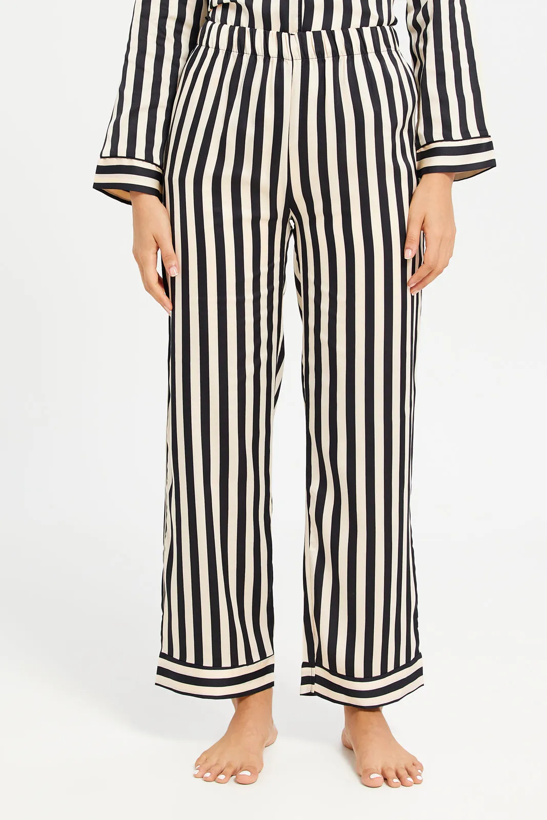 Women Black Long Sleeve Stripe Satin Pyjama Set (2 Piece)