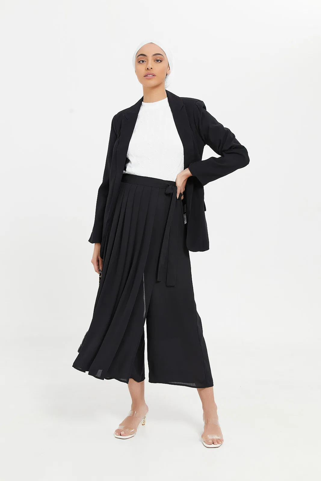 Women Black Wrap Over Pleated Trouser