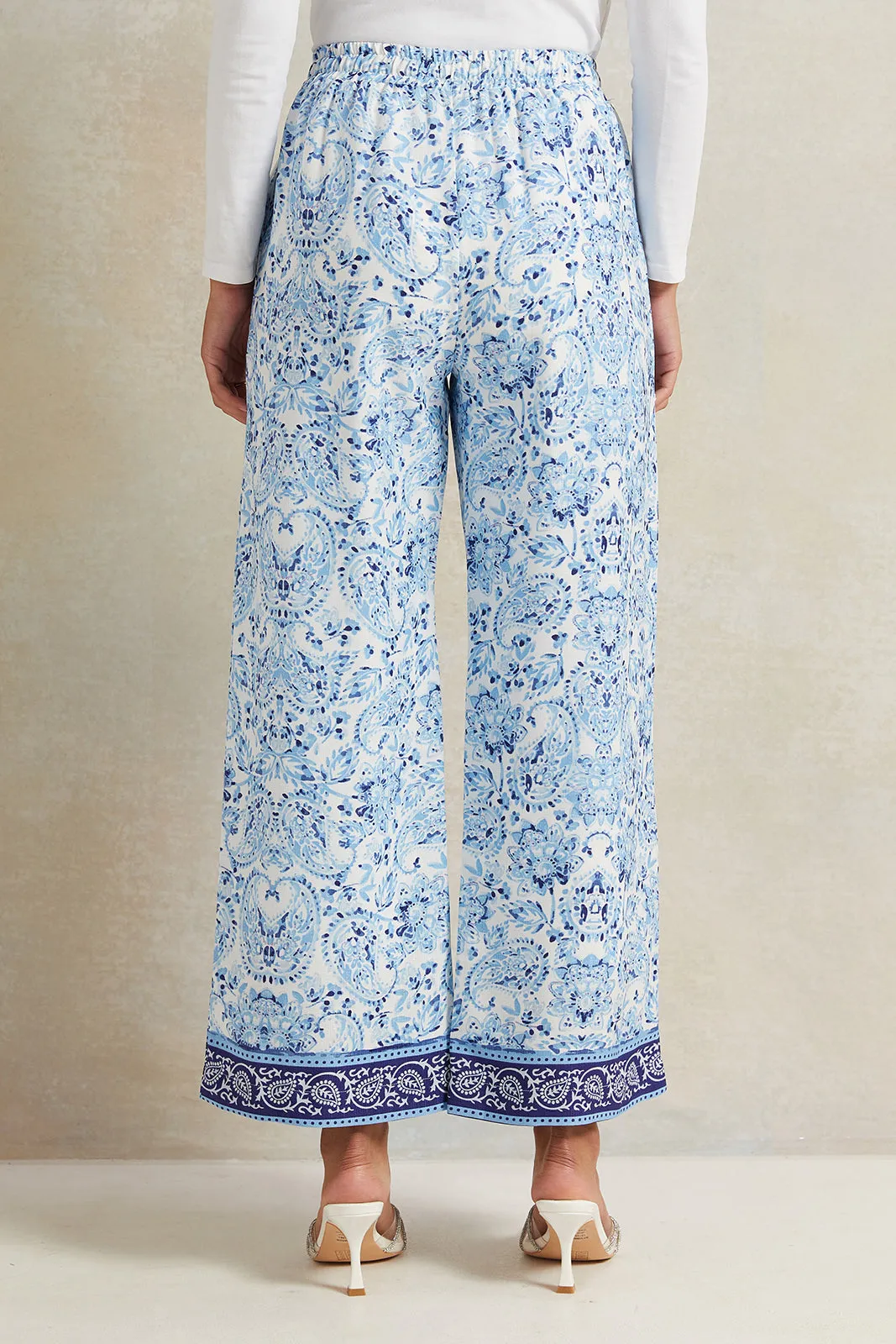 Women Blue Printed Wide Leg Trouser