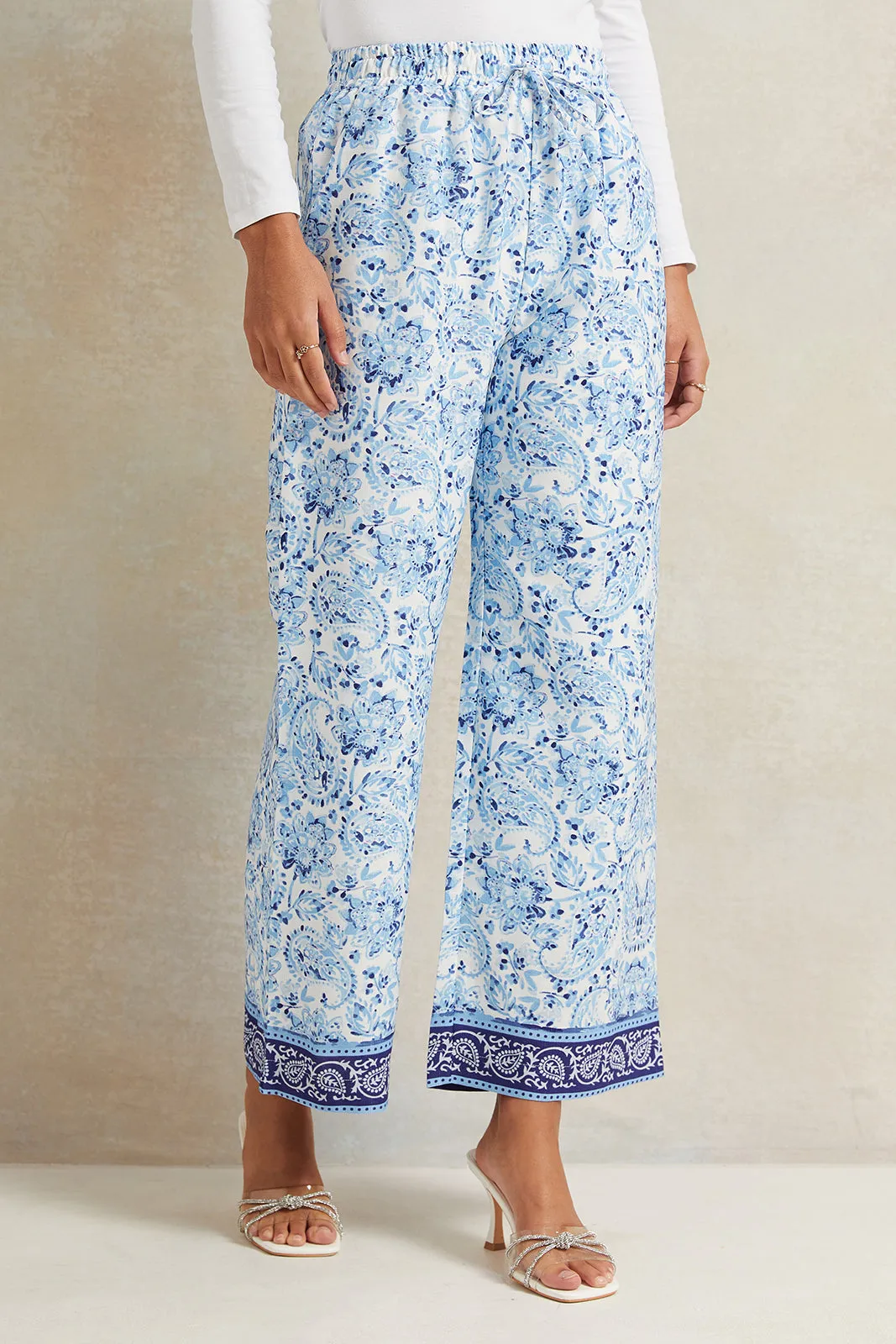 Women Blue Printed Wide Leg Trouser