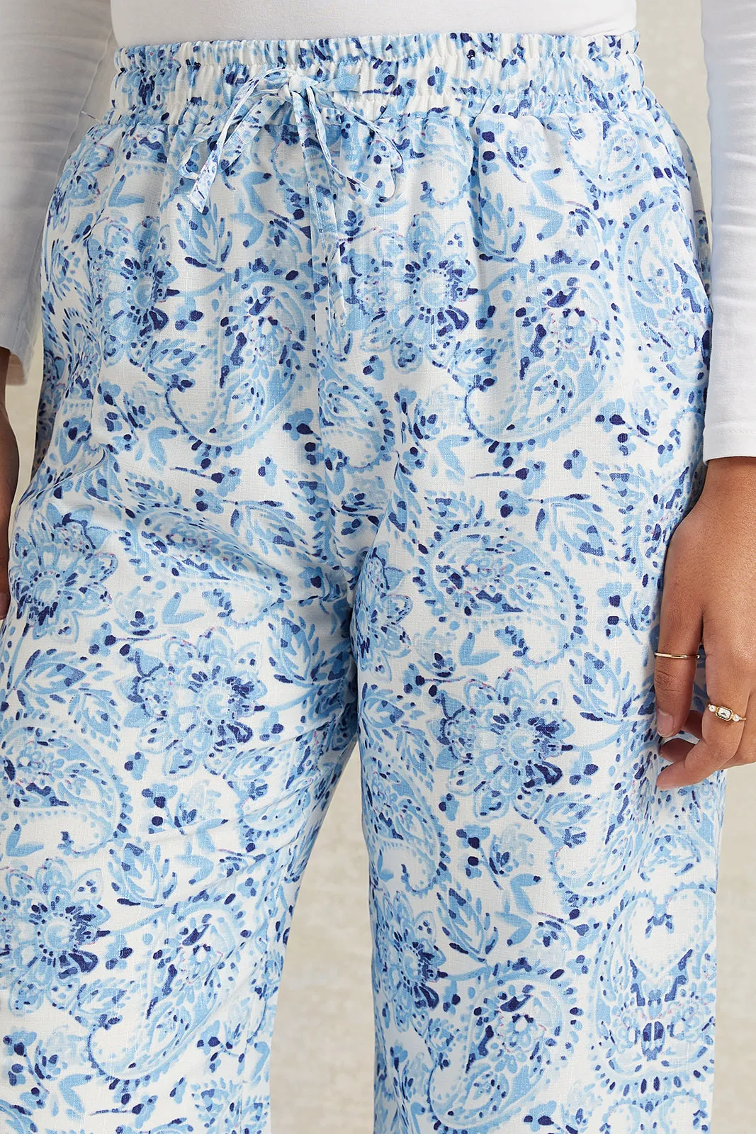 Women Blue Printed Wide Leg Trouser