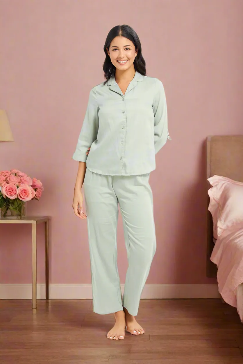 Women Green Long Sleeve Classic Pyjama Set (2 Piece)