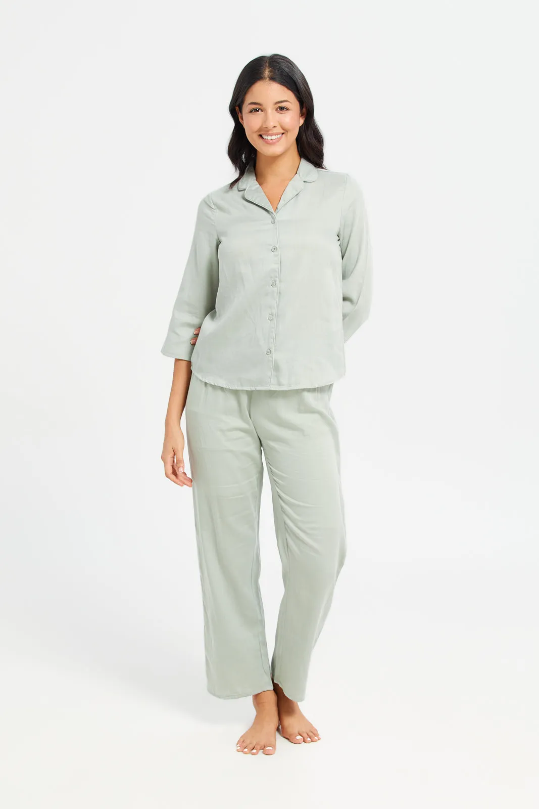 Women Green Long Sleeve Classic Pyjama Set (2 Piece)