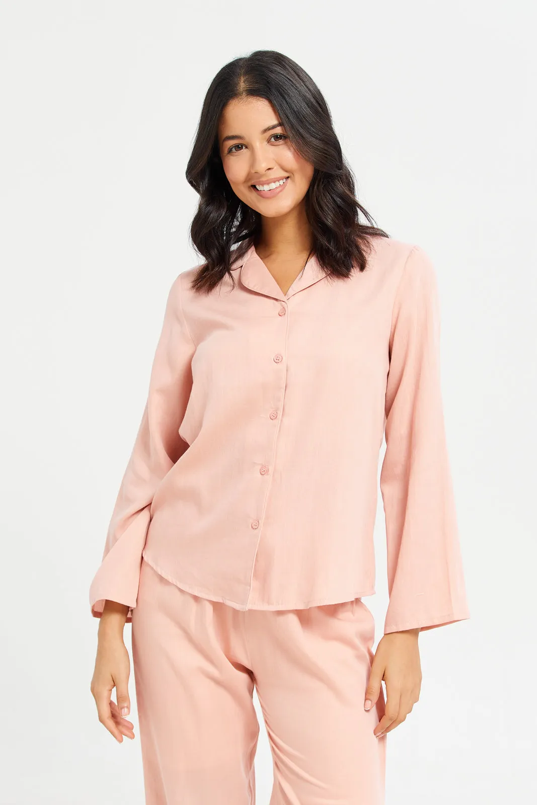 Women Pink Plain Long Sleeve Classic Pyjama Set (2 Piece)