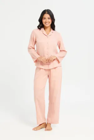 Women Pink Plain Long Sleeve Classic Pyjama Set (2 Piece)