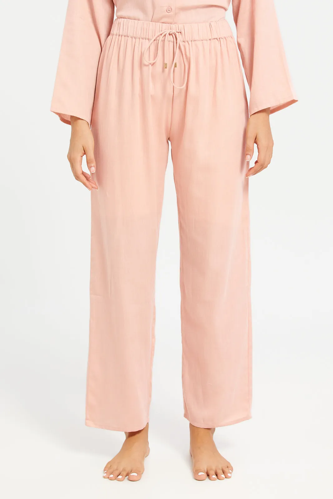 Women Pink Plain Long Sleeve Classic Pyjama Set (2 Piece)