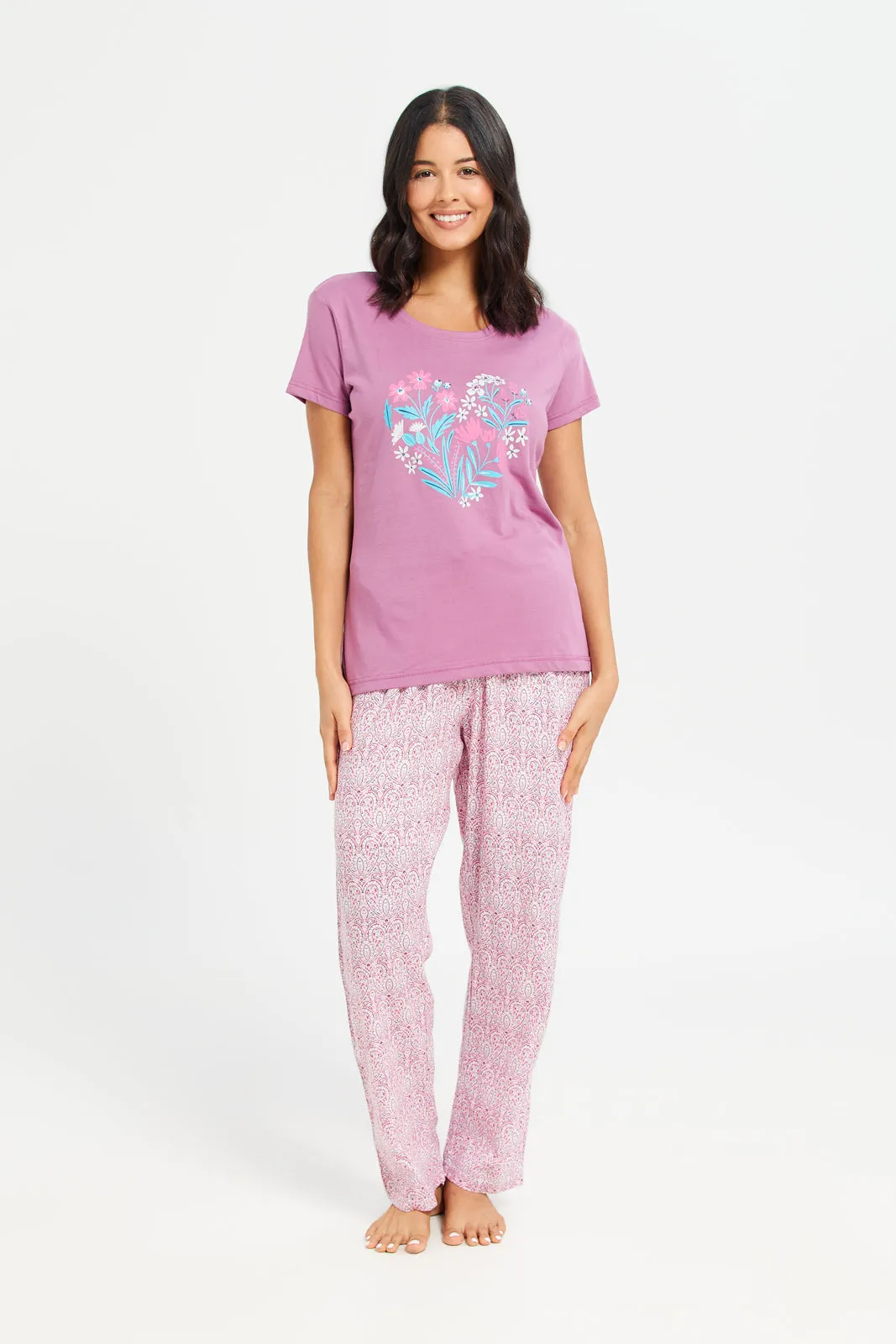 Women Purple Printed Round Neck Pyjama Set (2 Piece)