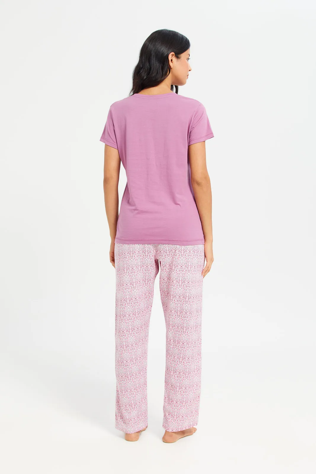 Women Purple Printed Round Neck Pyjama Set (2 Piece)