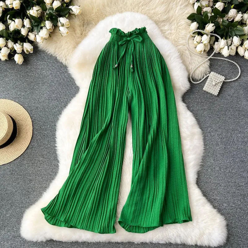 Women's Candy Color Elastic Waist Long Pleated Trouser Pants