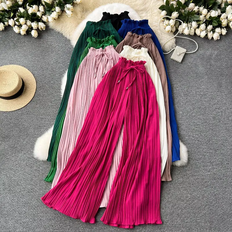 Women's Candy Color Elastic Waist Long Pleated Trouser Pants