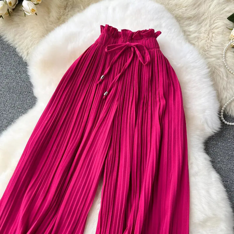 Women's Candy Color Elastic Waist Long Pleated Trouser Pants