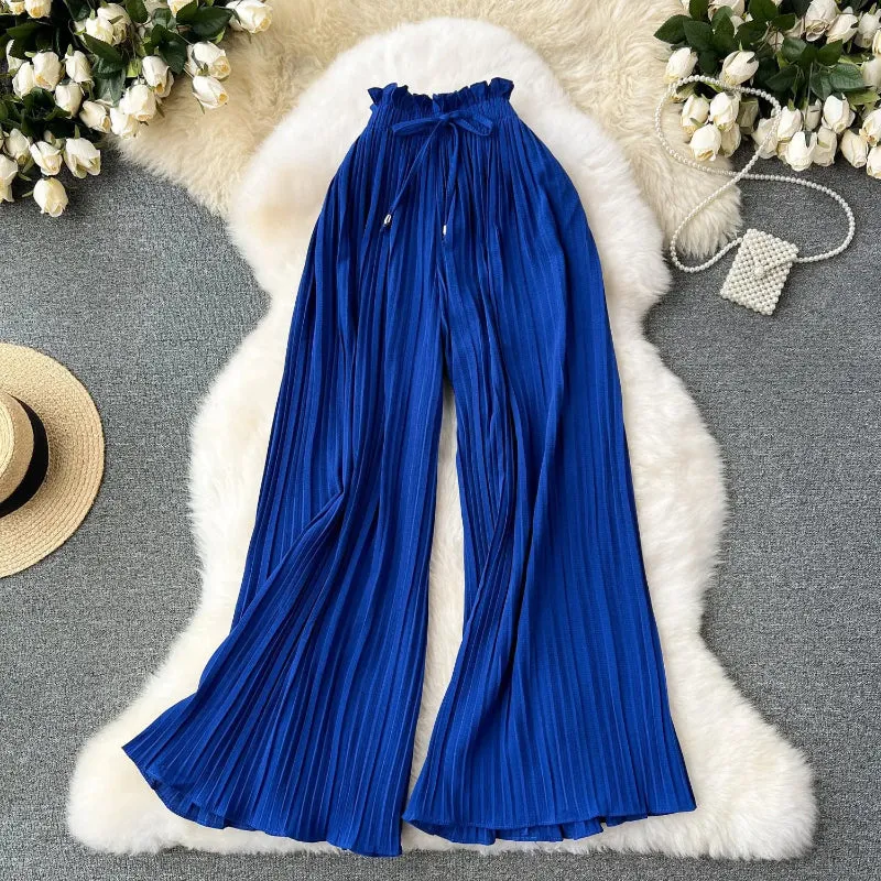 Women's Candy Color Elastic Waist Long Pleated Trouser Pants