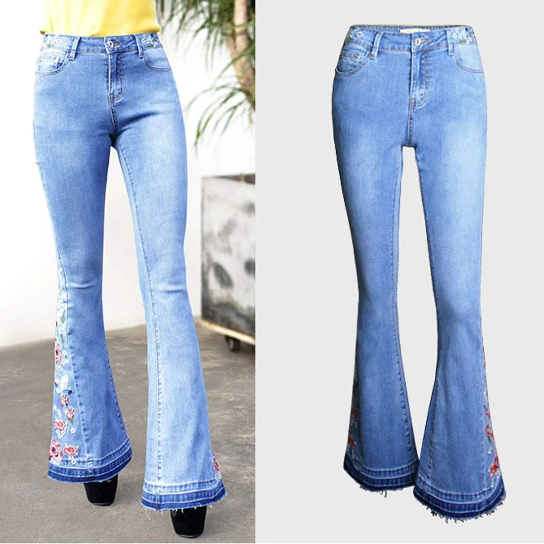 Womens Chic Floral Embroidered High-Rise Bell Bottom Flare Jeans Broad