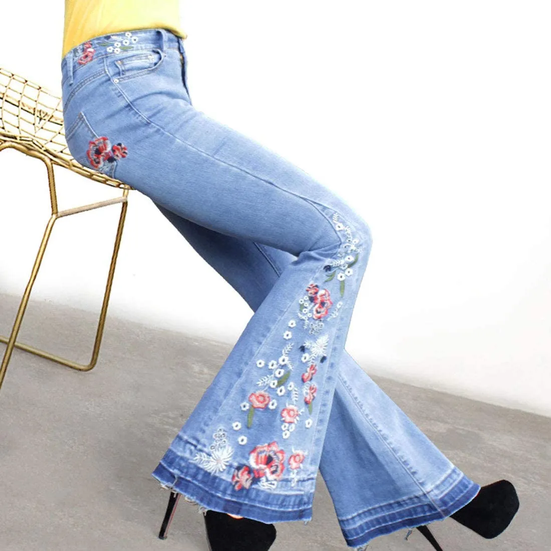 Womens Chic Floral Embroidered High-Rise Bell Bottom Flare Jeans Broad