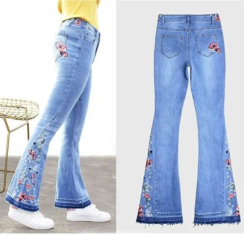 Womens Chic Floral Embroidered High-Rise Bell Bottom Flare Jeans Broad