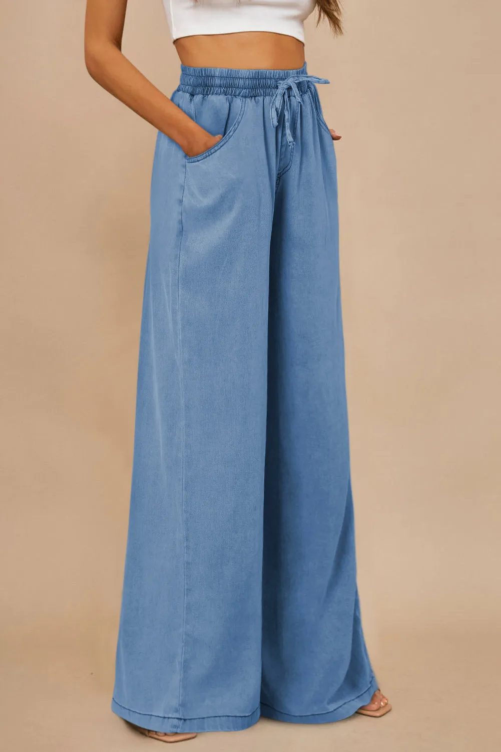 Women's Drawstring Waist Wide Leg Tencel Denim Pants