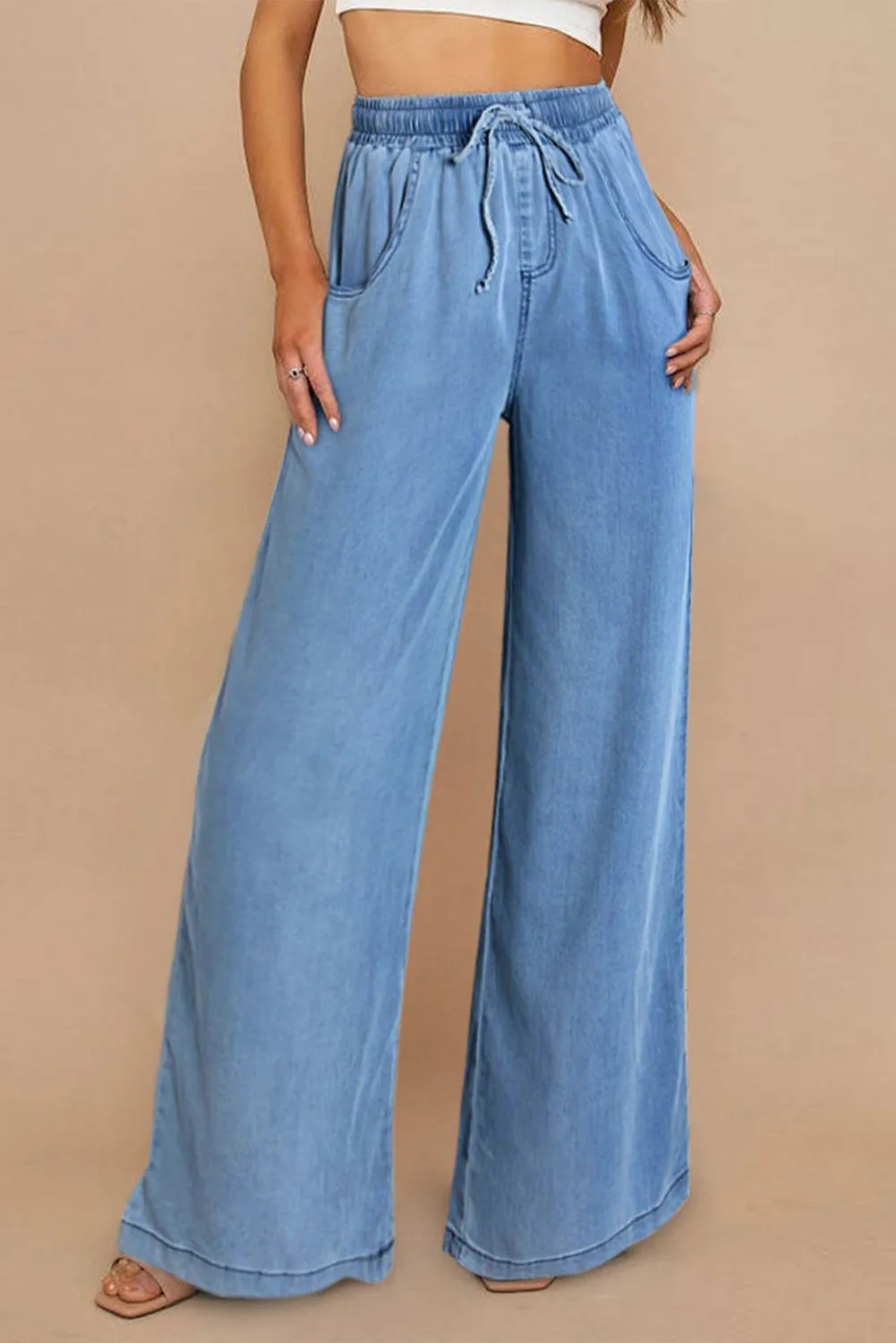 Women's Drawstring Waist Wide Leg Tencel Denim Pants