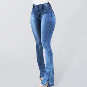 Women's Elastic slit flared high waist jeans trousers