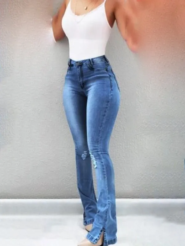 Women's Elastic slit flared high waist jeans trousers