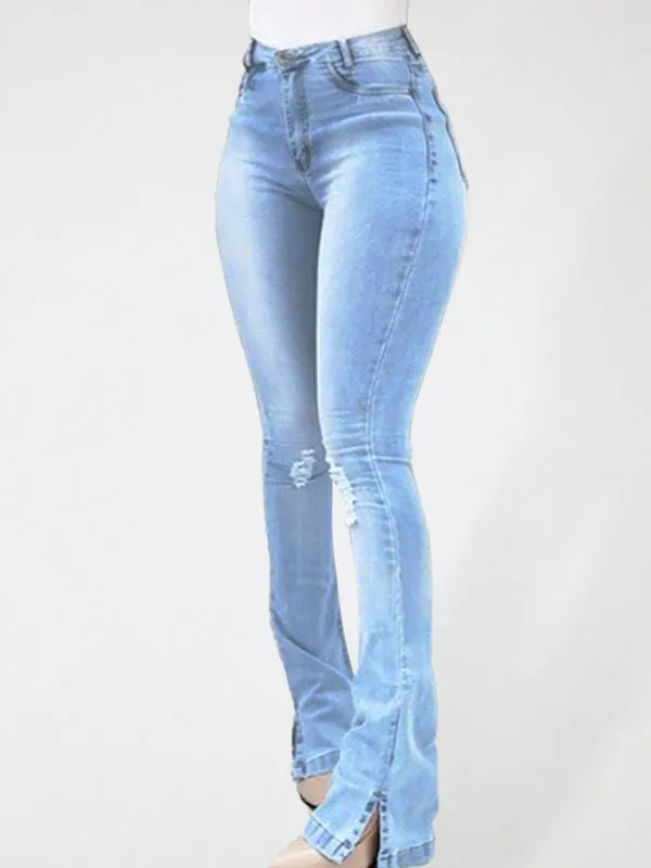 Women's Elastic slit flared high waist jeans trousers