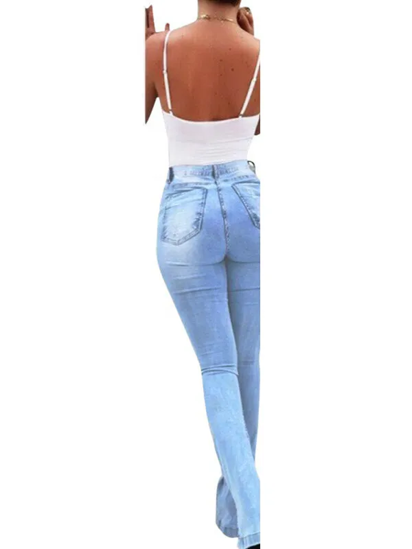 Women's Elastic slit flared high waist jeans trousers