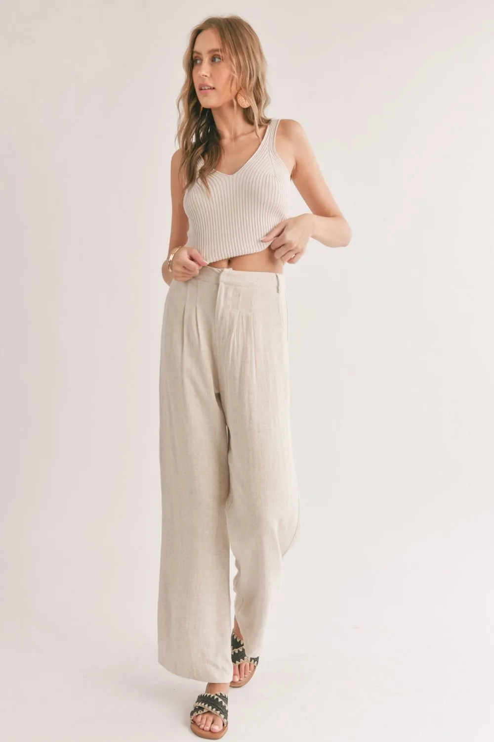 Women's Linen Blend Pleated Trouser Pants | Oatmeal