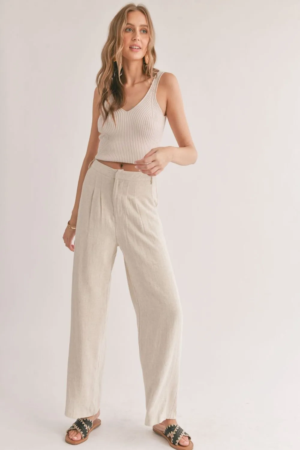 Women's Linen Blend Pleated Trouser Pants | Oatmeal