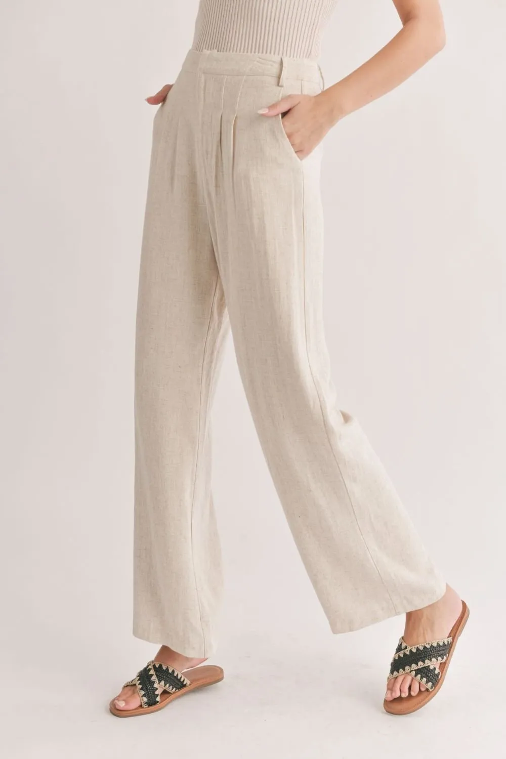 Women's Linen Blend Pleated Trouser Pants | Oatmeal