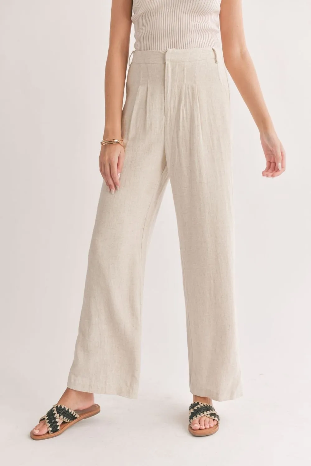 Women's Linen Blend Pleated Trouser Pants | Oatmeal