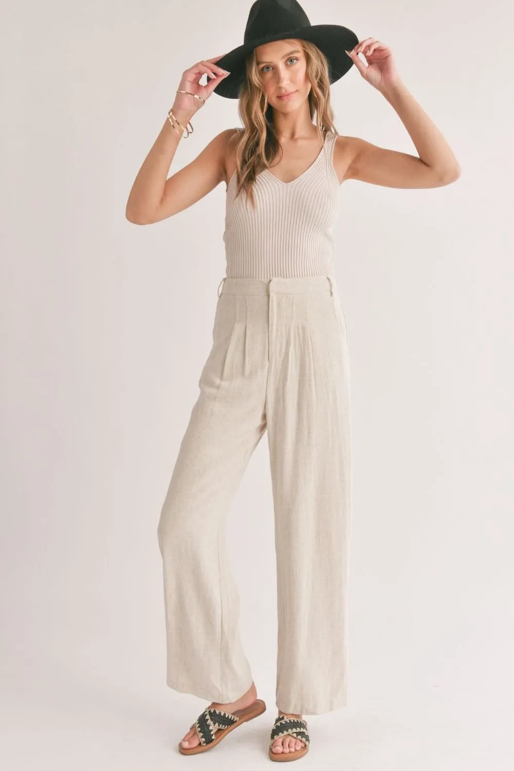 Women's Linen Blend Pleated Trouser Pants | Oatmeal