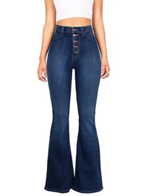 Women's new high-waist washed button slim fit slightly flared wide-leg denim trousers