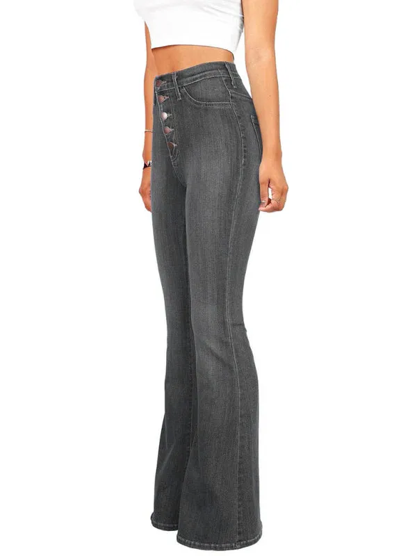 Women's new high-waist washed button slim fit slightly flared wide-leg denim trousers