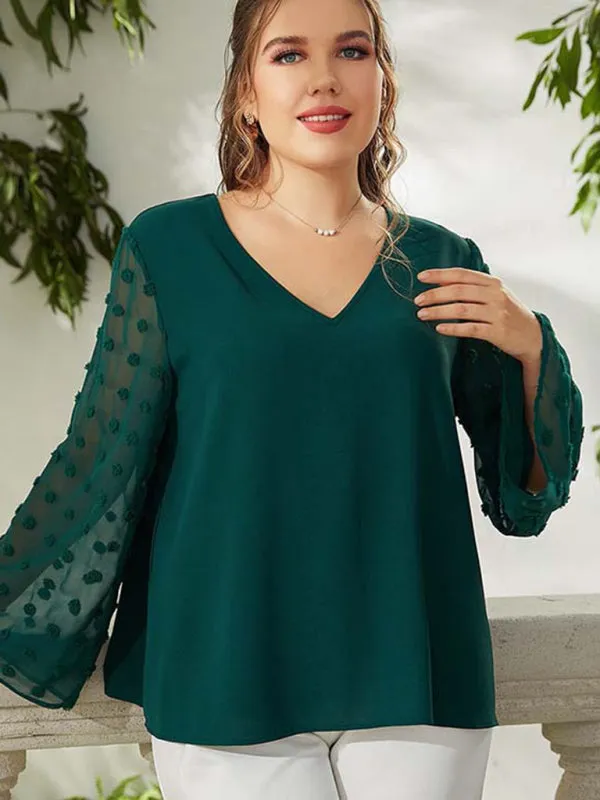 Women's Plus Size Solid Colour Blouse With Sheer Polka Pot Sleeves