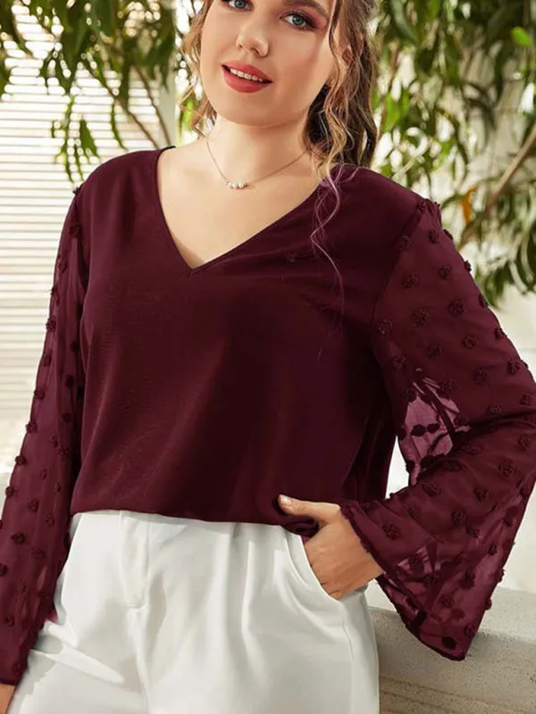 Women's Plus Size Solid Colour Blouse With Sheer Polka Pot Sleeves