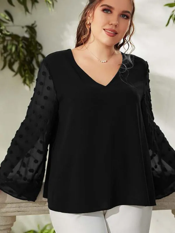 Women's Plus Size Solid Colour Blouse With Sheer Polka Pot Sleeves