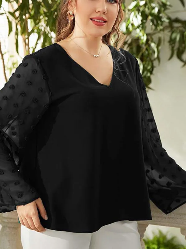 Women's Plus Size Solid Colour Blouse With Sheer Polka Pot Sleeves